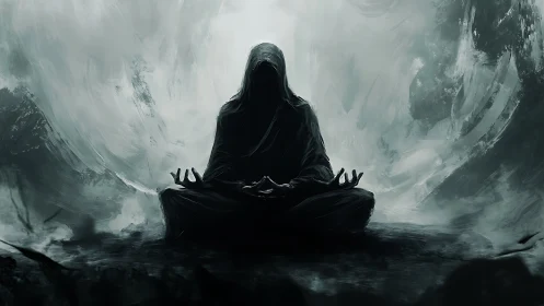 Hooded solitary figure seated in meditation within misty void.