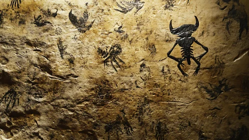 Ancient cave wall shows horned spirit and scattered handprints