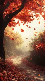 Curving forest path under vivid red autumn foliage.