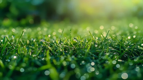 Macro morning dew on grass blades with shallow bokeh field
