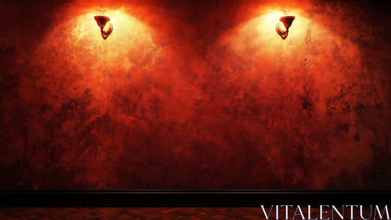 Moody red textured wall with twin sconces and low key lighting.