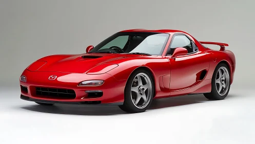 Iconic red sports coupe stands in clean studio lighting.