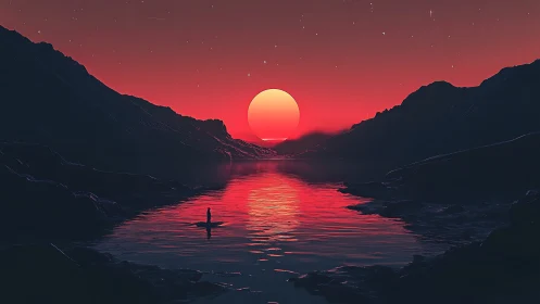 Crimson sun melts over silent alien fjord at starlit dusk.