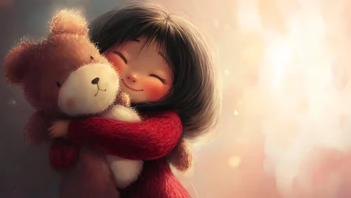 Girl Embracing Teddy Bear in Golden Warmth.