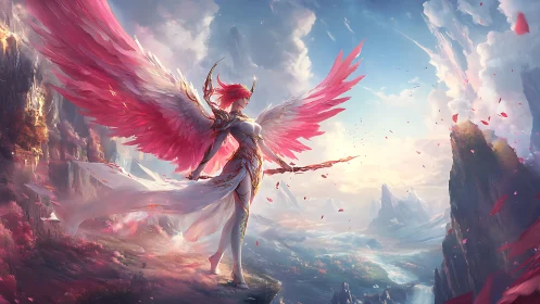 Winged armored figure with bow over stylized mountain valley.