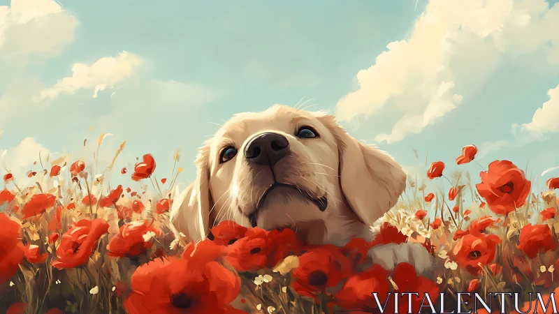 Labrador dog head emerging in red poppy flower field.