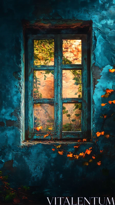 Weathered teal window frames glowing autumn garden view.