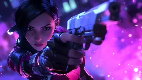 Cyber-noir agent aims pistol under neon bokeh lighting