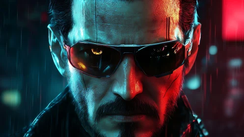 Cybernetic man in sunglasses under neon rain at night.