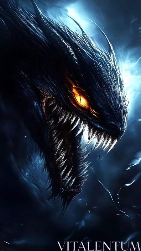 Ferocious glowing-eyed dragon head in dark stormy void.