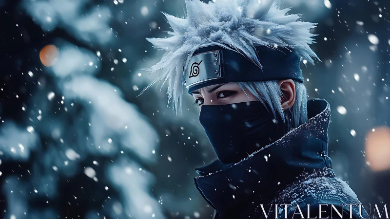 Masked silver haired ninja stands in falling winter snow.