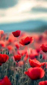 Red Poppy Field with Selective Focus and Blue Sky Gradient