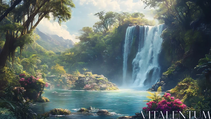 Lush tropical waterfall pool under soft morning light.