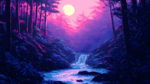 Neon-illuminated forest waterfall landscape with chromatic gradient celestial backdrop
