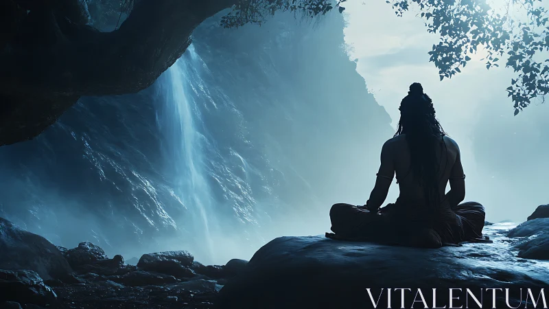 Meditating ascetic silhouette before misted blue waterfall