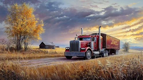 Red semi truck traverses rural dirt road at autumn sunrise