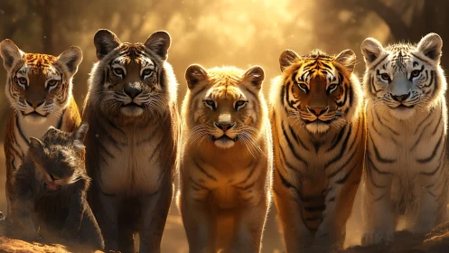 Five Big Cats Walk Through Golden Dust Storm