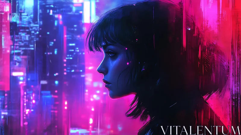 Neon city profile captures solitary woman in moody glow