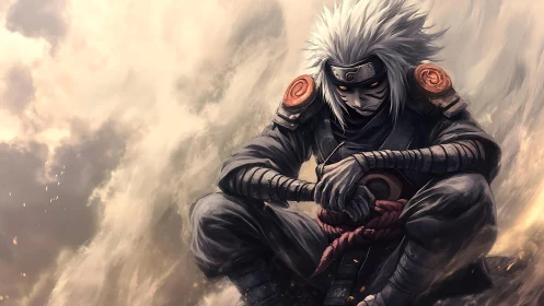 Armored figure sits in turbulent clouded environment observing