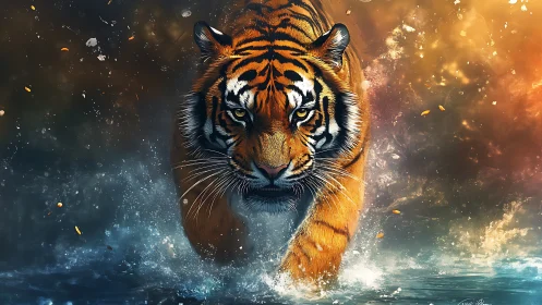 Dynamic digital painting of charging tiger in water spray.