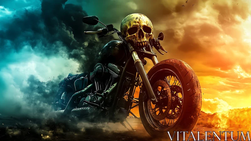 Skull-adorned custom motorcycle amid split stormy sky.