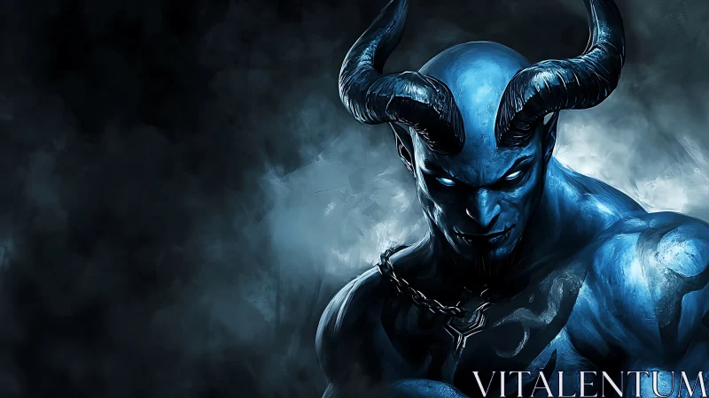 Midnight horned titan smirks from a storm of cobalt smoke.
