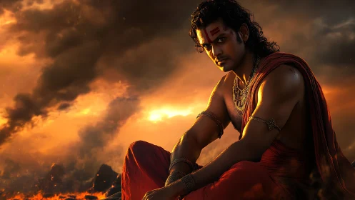 Warrior figure in red robes against smoky fiery sky background.