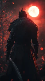 Armored dark figure under red moon with sword drawn.