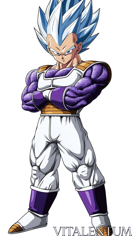 Blue‑haired anime warrior in armored suit with exaggerated musculature