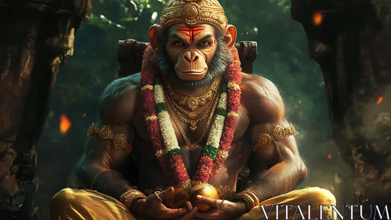 Majestic simian deity in jeweled regalia, forest throne scene.