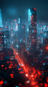 Neon-lit cyberpunk megacity skyline with red blue bokeh haze