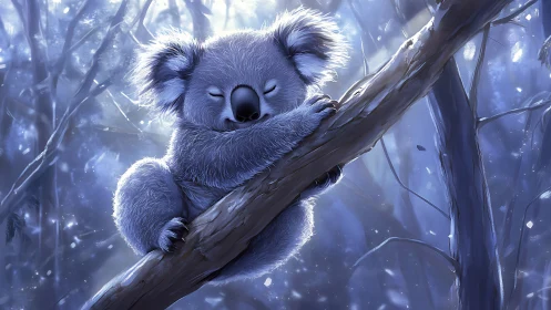 Moonlit koala dreamboat curled on frosty eucalyptus bough.
