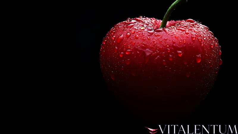 Photorealistic macro of dewy red apple on black ground.