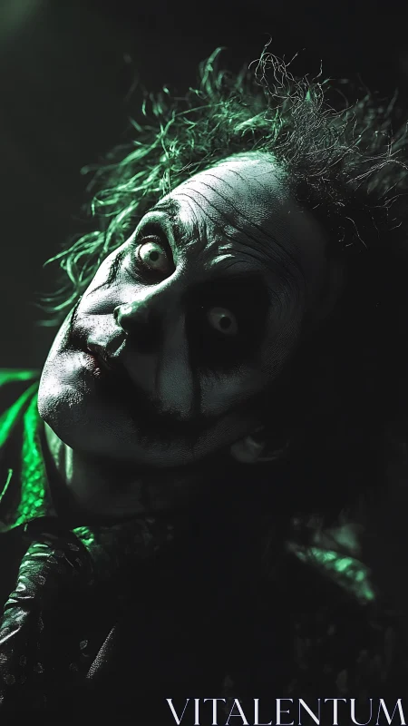 Portrait shows tilted, high-contrast figure with smeared makeup