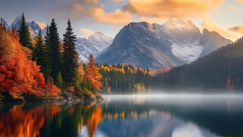 Photorealistic alpine lake panorama with autumnal forest reflection.
