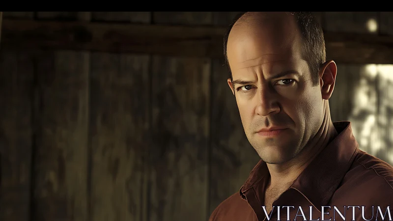 Intense middle-aged man under warm rustic side lighting.