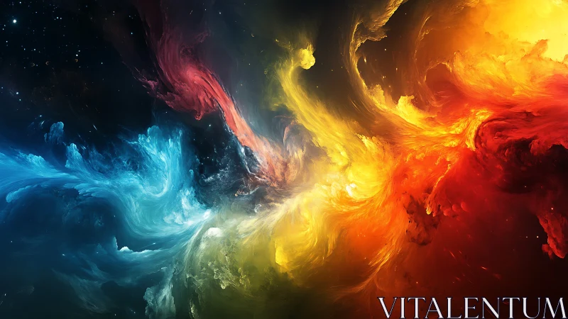 Multicolored swirling nebula forms in deep space field.