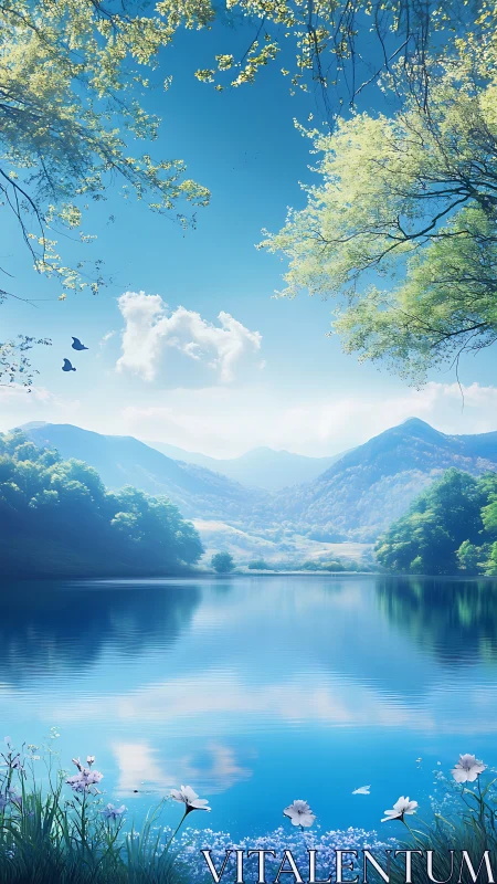 Mountain lake landscape with reflective water and foliage.