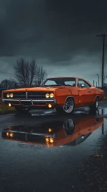 Stormy road reflections with a bold orange muscle car.