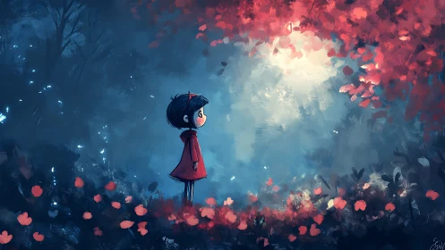 Young girl in red coat observes luminous forest clearing