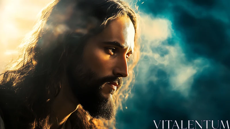 Radiant bearded man in golden rim light gazes into distance.