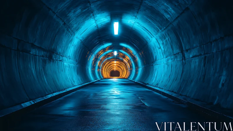 Cylindrical road tunnel uses cool blue wash and warm core glow
