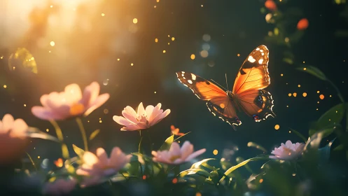 Backlit monarch butterfly in shallow depth-of-field flower meadow