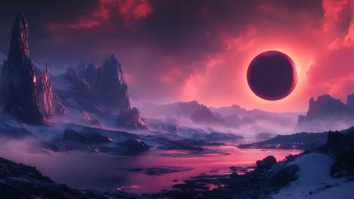 Alien eclipse ignites a frozen crimson extraterrestrial sky