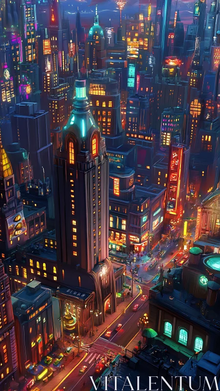 Lively neon city streets glowing under a dreamy night sky.