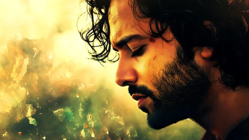 Contemplative male profile rendered in warm digital chiaroscuro