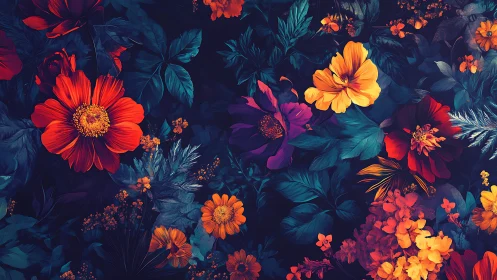 Vivid Floral Garden Against Dark Background.