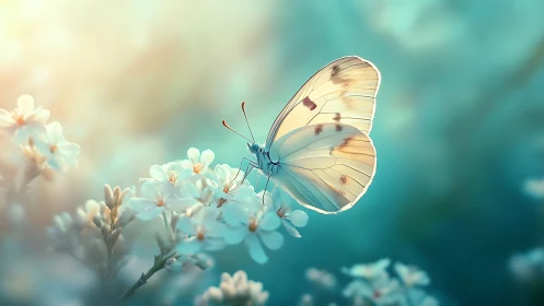 Sunlit butterfly hush over pastel meadow blossoms.