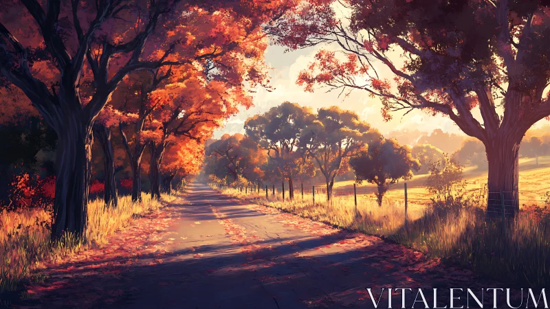 Crimson trees lean in as the sun stitches light along road