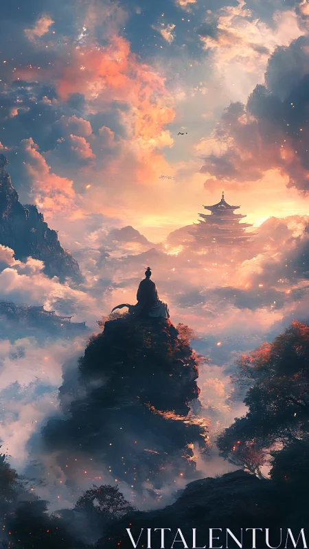 Monk above cloud oceans watching ember-lit sky temples.